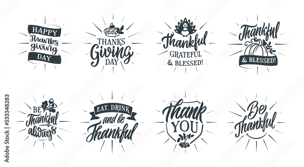 The set of lettering phrases Thanksgiving day with rays The set of lettering phrases Thanksgiving day with rays