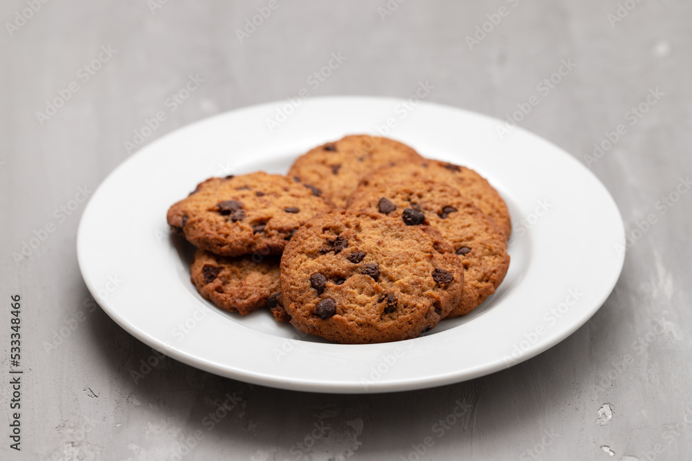 few fresh tasty cookies with chocolate chips few fresh tasty cookies with chocolate chips