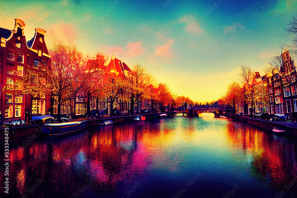  Spring scene in Amsterdam city Tours by boat on the famous Dutch canals Colorful evening landscape in Netherlands Europe , style U1 1