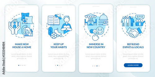 Combat homesickness tips blue onboarding mobile app screen. Abroad walkthrough 4 steps editable graphic instructions with linear concepts. UI, UX, GUI template. Myriad Pro-Bold, Regular fonts used