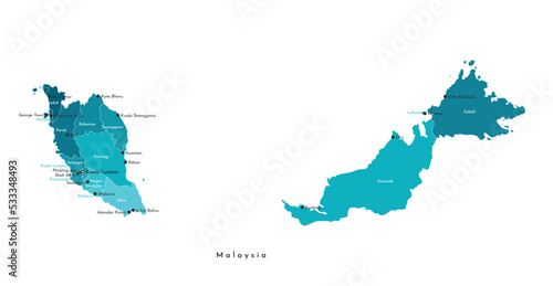 Vector isolated illustration. Blue simplified administrative map of Malaysia. Blue shapes of regions. Names of big malaysian cities and states. White background