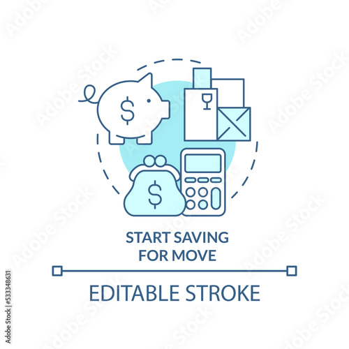 Start saving for move turquoise concept icon. Travel expenses. Moving on budget tip abstract idea thin line illustration. Isolated outline drawing. Editable stroke. Arial, Myriad Pro-Bold fonts used