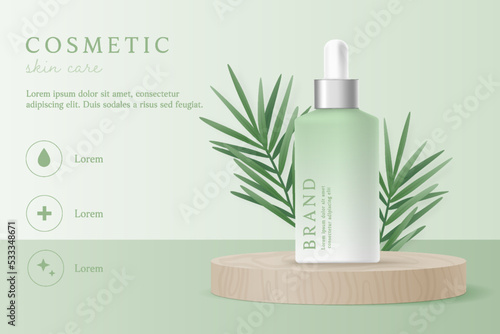 Natural cosmetics and skin care product ads template on wood platform with tea tree leaves.