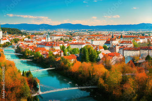  Ljubljana Beautiful cities of Europe charming capital of Slovenia panoramic view with castle and Triple Bridge , style U1 1