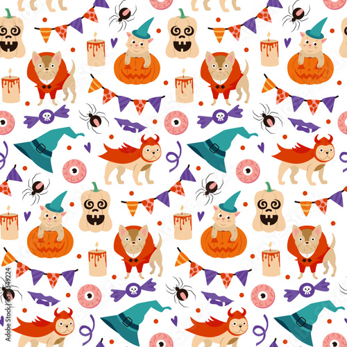 cute french bulldog puppy in halloween costume seamless pattern eps10 vectors illustration. Cats and dogs halloween seamless pattern