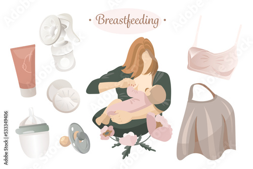 Breastfeeding illustration collection, mother feeding a baby with accessories. Breast pump, pads, bottle, pacifier, nursing bra, cape.  Concept vector illustration in flat style and pastel colors.
