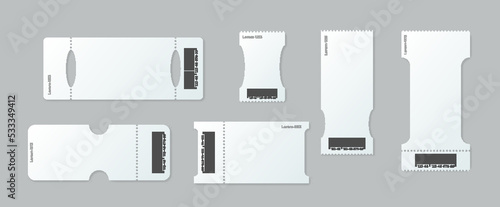 Blank ticket mockup. White tickets with barcodes, empty coupon and admit one ticket template set