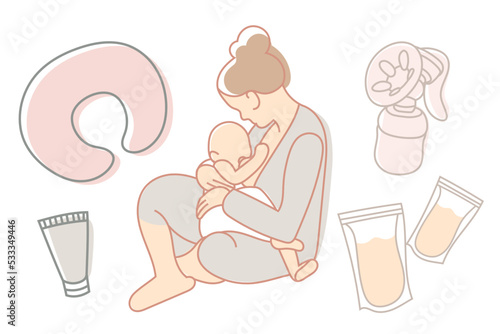 Breastfeeding illustration collection, mother feeding a baby with accessories. Breast pump, milk container, nipple cream, pillow for feeding. Concept vector illustration in flat style and pastel color