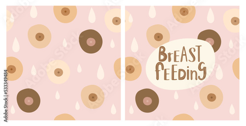 Breastfeeding pattern, breast, mother milk, motherhood. World breastfeeding week card, type, lettering. Flat vector illustration.