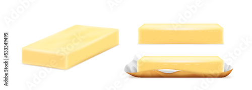 Realistic butter block on foil package isolated. Fresh dairy slices or cubes. Farm food for brand