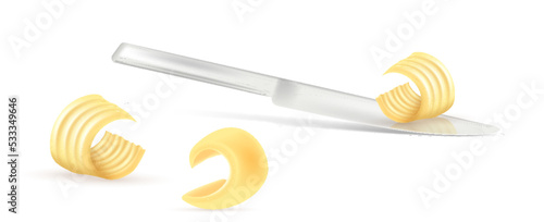Butter curl on metal knife realistic. Swirls of margarine vegan spread, rolled creamy dairy product