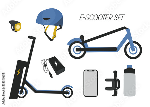 Electric scooter set, Eco-friendly alternative transport, friendly to the environment. Helmet, charging station, phone with qr code, sport bottle. Flat vector iilustration in blue.