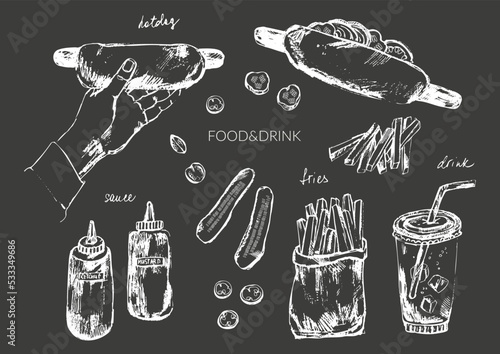 Hand drawn chalk sketch of food and drink objects