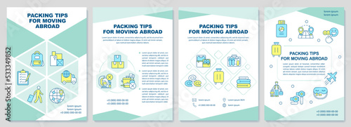Packing tips for moving abroad mint brochure template. Baggage. Leaflet design with linear icons. Editable 4 vector layouts for presentation, annual reports. Arial-Black, Myriad Pro-Regular fonts used