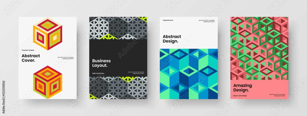 Trendy corporate brochure vector design concept set. Vivid geometric tiles pamphlet illustration bundle.
