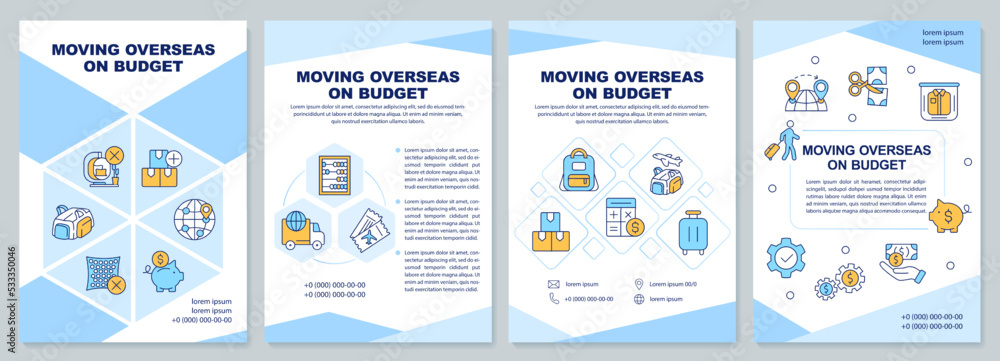 Moving overseas on budget blue brochure template. Cheap travel. Leaflet design with linear icons. Editable 4 vector layouts for presentation, annual reports. Arial-Black, Myriad Pro-Regular fonts used