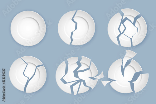 Broken plates, shattered food plate, cracked porcelain dishes. Realistic white dish broke in pieces