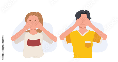 man and woman covering eyes with two hands. Vector illustration.