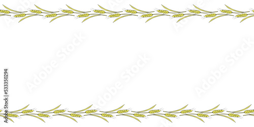 Vector Background, frame made of golden wheat or rye ears in doodle flat style. Horizontal top and bottom edging, border, decoration on theme of bakery products, flour, harvest, thanksgiving