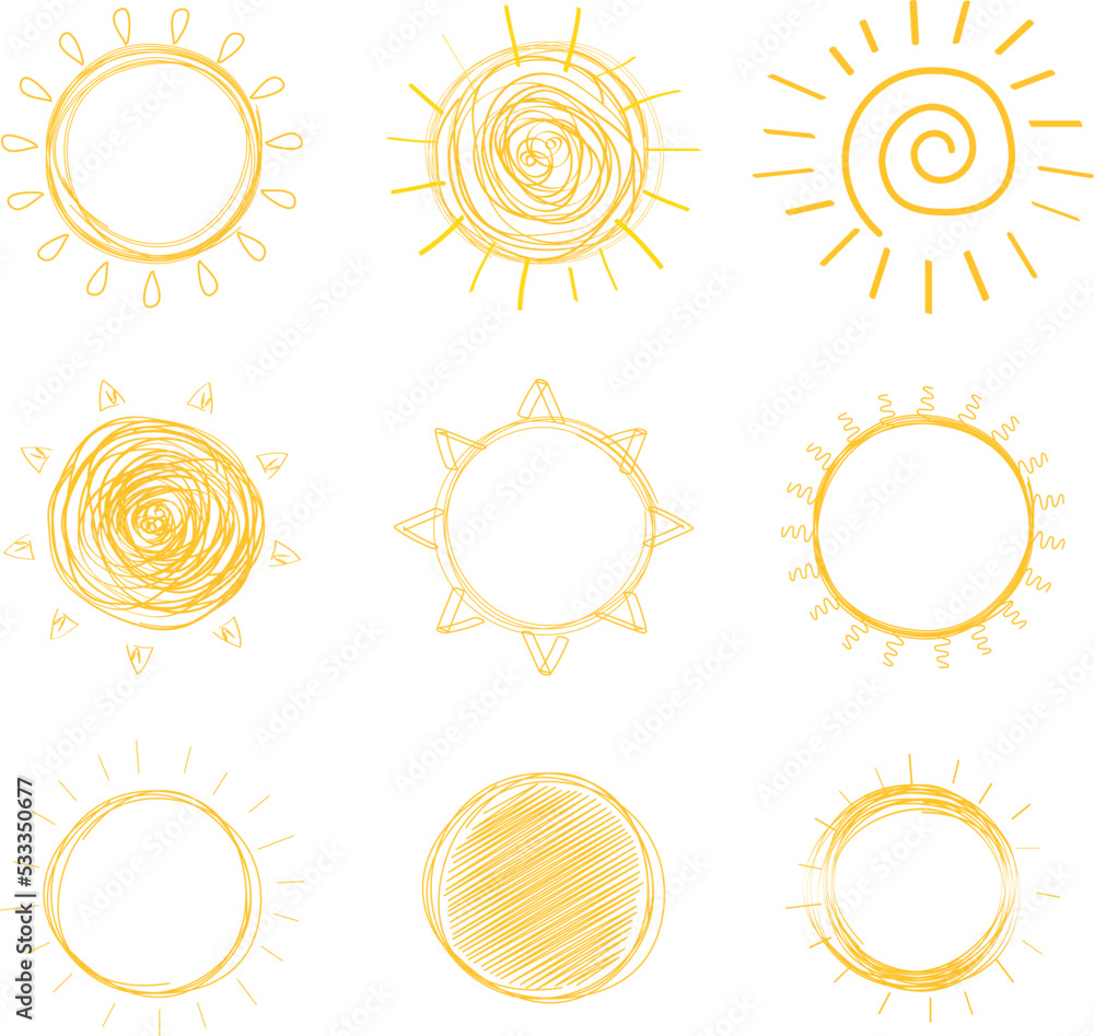 Sun hand drawn icon set isolated on white background. Collection of handdrawn sun vector for logo, circle line and icon design. Summer concept. Sunshine vector illustration. Sun sketch doodle Sun hand drawn icon set isolated on white background. Collection of handdrawn sun vector for logo, circle line and icon design. Summer concept. Sunshine vector illustration. Sun sketch doodle