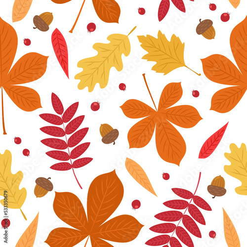 Autumn pattern with cute leaves  berries and acorns. Seamless background  vector illustration in flat cartoon style