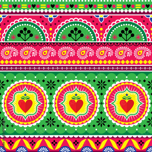 Pakistani or Indian truck art vector seamless pattern with hearts and flowers, jingle truck floral design 
 