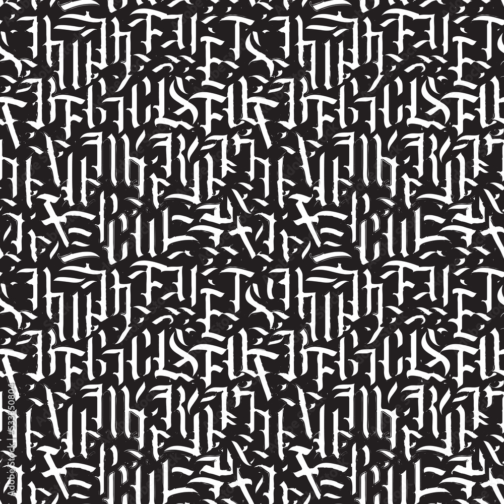 Seamless pattern of ornate Gothic letters. Monochrome repeating background with ancient Latin letters. Vector texture, Wallpaper, wrapping paper or fabric in vintage style Seamless pattern of ornate Gothic letters. Monochrome repeating background with ancient Latin letters. Vector texture, Wallpaper, wrapping paper or fabric in vintage style