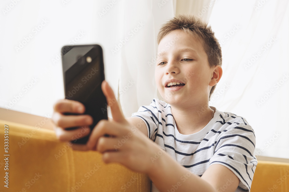 Teenage boy sitting on couch using smartphone texting and having video chat on internet online at home. Child holding mobile phone and looking at screen. Social media. Young blogger influencer Teenage boy sitting on couch using smartphone texting and having video chat on internet online at home. Child holding mobile phone and looking at screen. Social media. Young blogger influencer