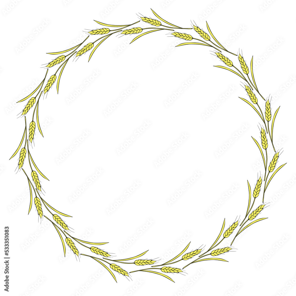 Round frame made of golden wheat or rye ears. Vector autumn wreath, border hand drawn in Doodle flat style, isolated on white background Round frame made of golden wheat or rye ears. Vector autumn wreath, border hand drawn in Doodle flat style, isolated on white background