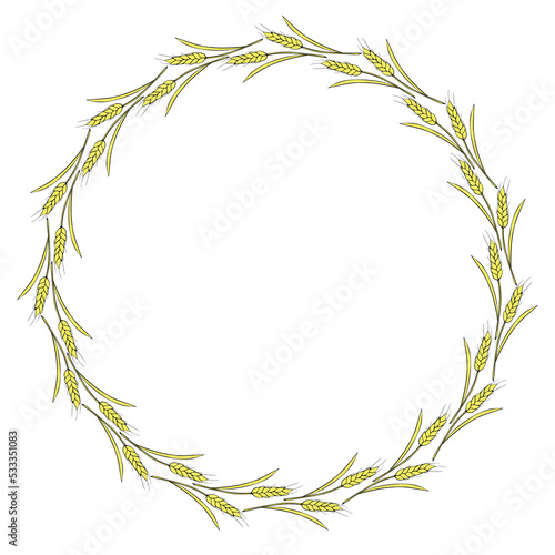 Round frame made of golden wheat or rye ears. Vector autumn wreath, border hand drawn in Doodle flat style, isolated on white background