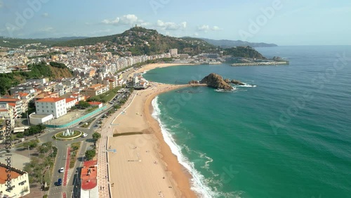 Aerial views with drone in Blanes on the Costa Brava in Girona images of turquoise blue beach water summer vacations