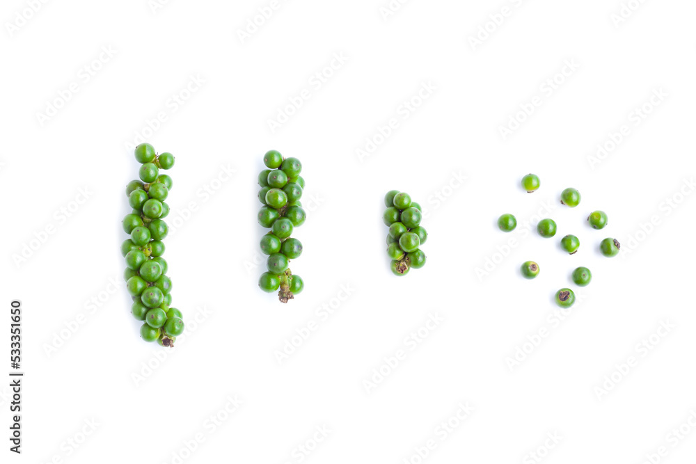 Fresh green black pepper isolated on white background,Organic vegetables, Herbal plant, Food ingredient Fresh green black pepper isolated on white background,Organic vegetables, Herbal plant, Food ingredient
