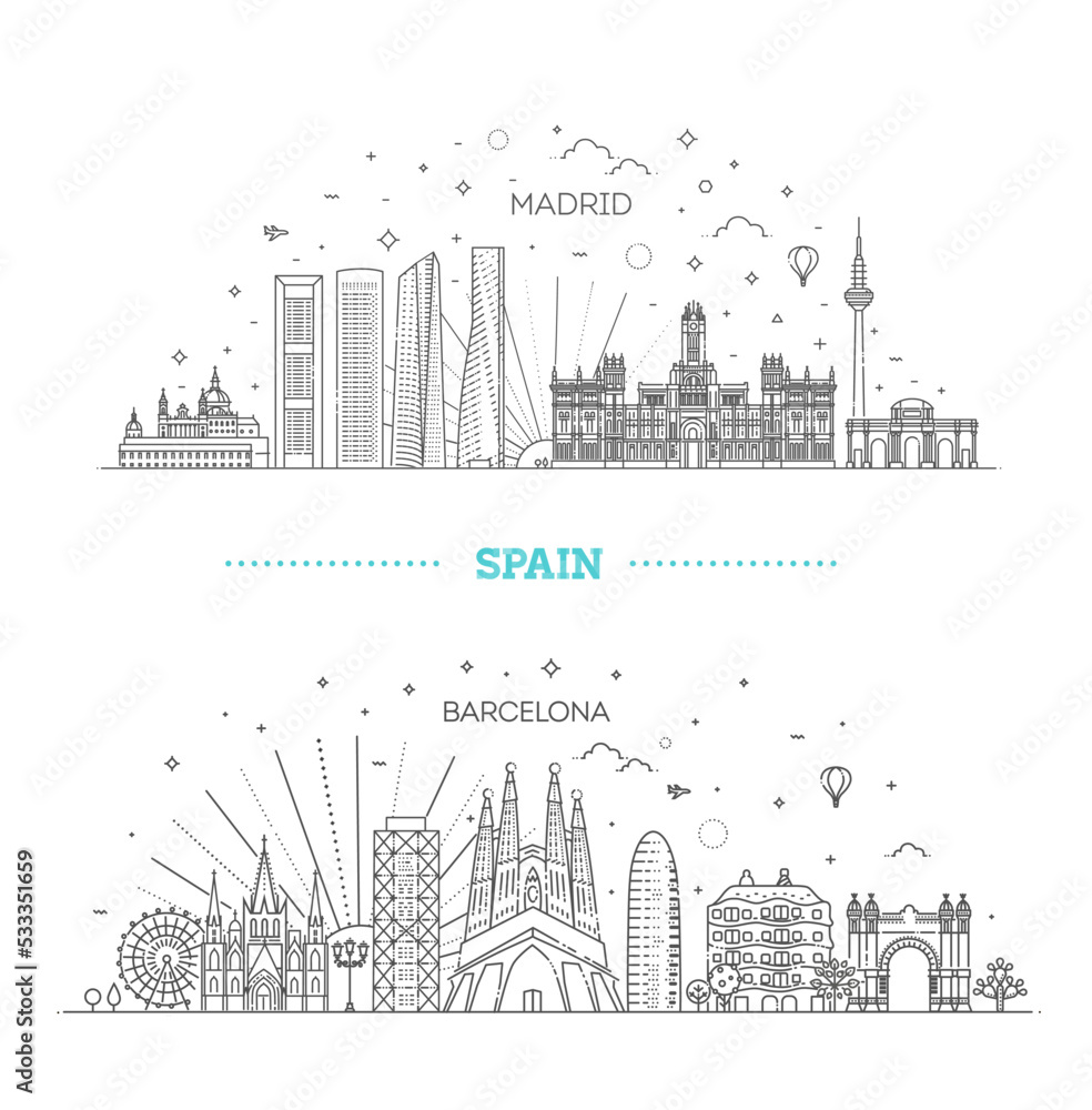 Banner of Madrid city skyline in flat line trendy style. Madrid city line art. Barcelona and Madrid - obrazy, fototapety, plakaty 