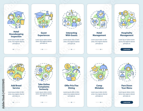 Training in hospitality industry onboarding mobile app screen set. Walkthrough 5 steps editable graphic instructions with linear concepts. UI, UX, GUI template. Myriad Pro-Bold, Regular fonts used
