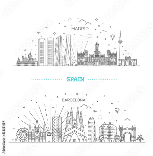 Fototapeta Naklejka Na Ścianę i Meble -  Banner of Madrid city skyline in flat line trendy style. Madrid city line art. Barcelona and Madrid