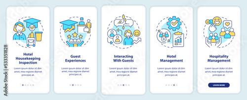Hotel training programs onboarding mobile app screen. Guest experience walkthrough 5 steps editable graphic instructions with linear concepts. UI, UX, GUI template. Myriad Pro-Bold, Regular fonts used
