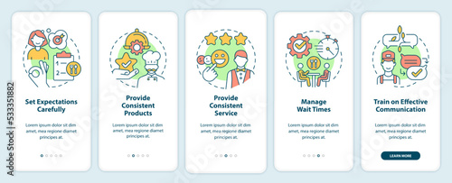 Restaurant customer service onboarding mobile app screen. Communication walkthrough 5 steps editable graphic instruction with linear concepts. UI, UX, GUI template. Myriad Pro-Bold, Regular fonts used