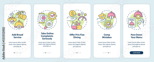 Improve restaurant customer satisfaction onboarding mobile app screen. Walkthrough 5 steps editable graphic instructions with linear concepts. UI, UX, GUI template. Myriad Pro-Bold, Regular fonts used