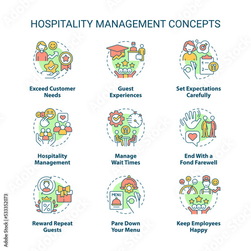 Hospitality management concept icons set. Restaurant, hotel industry idea thin line color illustrations. Guest experience. Isolated symbols. Editable stroke. Roboto-Medium, Myriad Pro-Bold fonts used