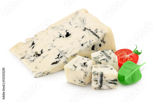 Blue cheese gorgonzola isolated on white background with full depth of field.