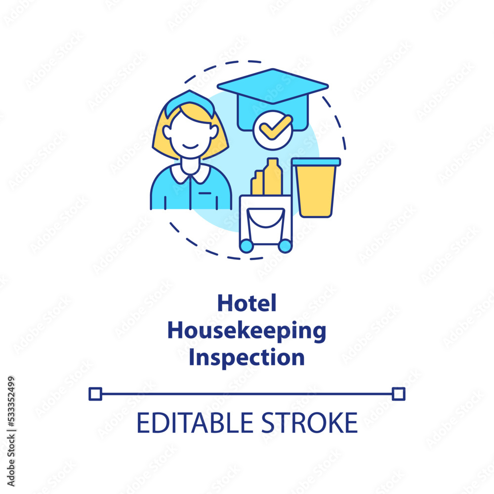 Hotel housekeeping inspection concept icon. Hospitality training course abstract idea thin line illustration. Cleaning. Isolated outline drawing. Editable stroke. Arial, Myriad Pro-Bold fonts used