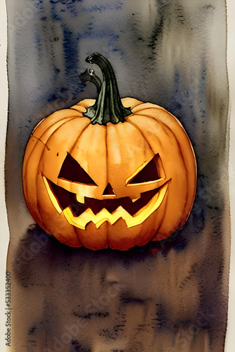 atmospheric watercolour portrait of a pumpkin / jack o lantern on halloween night, muted colors