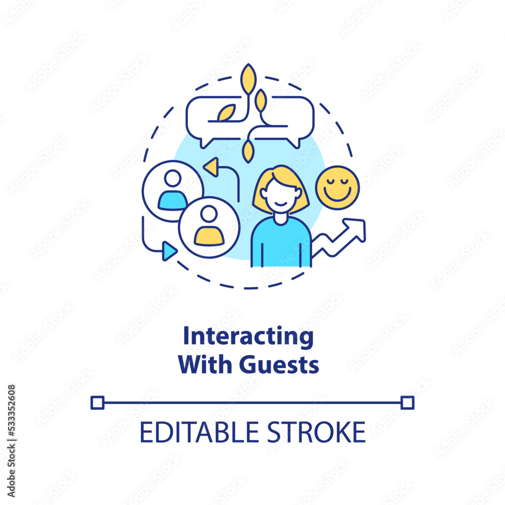 Interacting with guests concept icon. Staff training in hotel industry abstract idea thin line illustration. Welcoming. Isolated outline drawing. Editable stroke. Arial, Myriad Pro-Bold fonts used