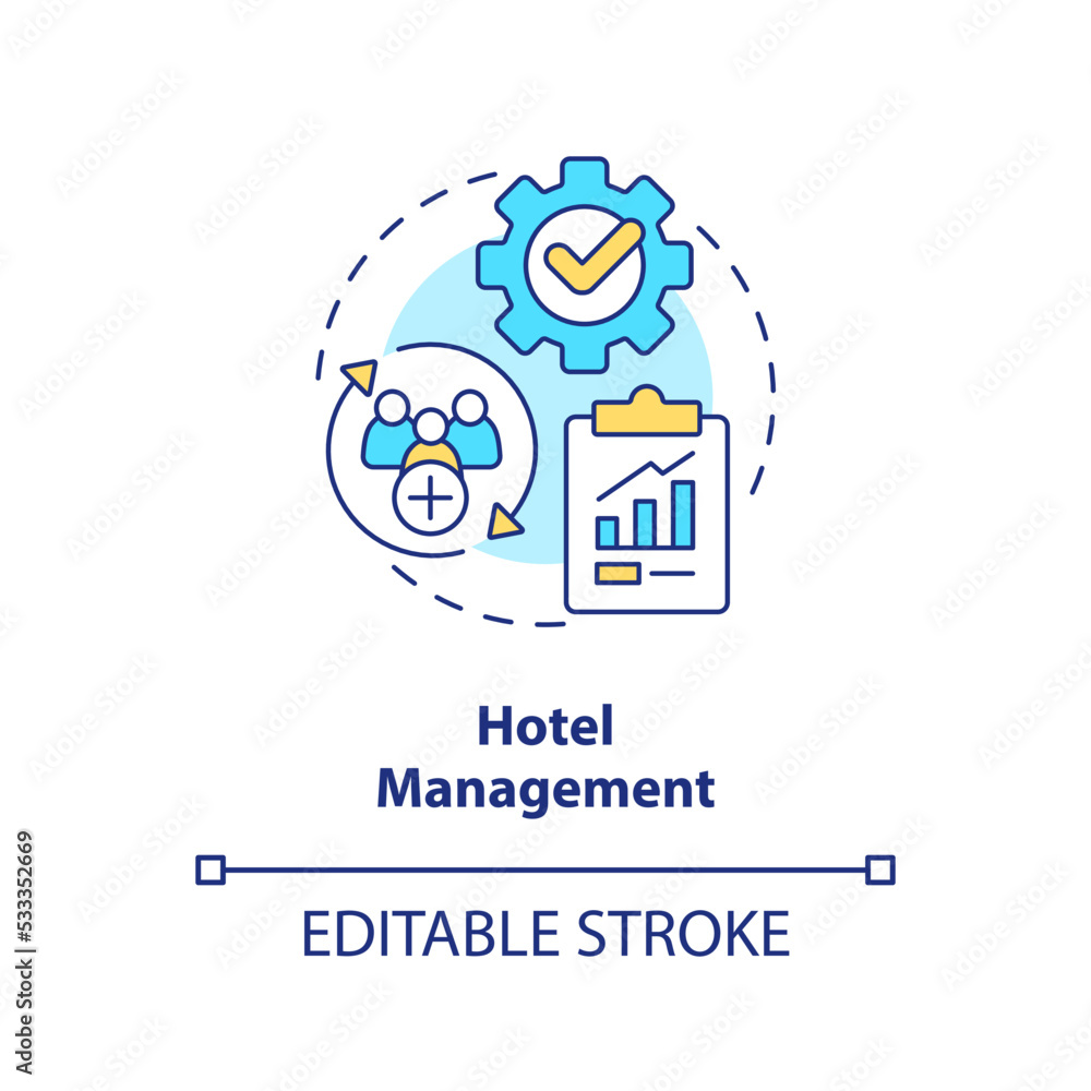 Hotel management concept icon. Hospitality training course abstract idea thin line illustration. Administration, control. Isolated outline drawing. Editable stroke. Arial, Myriad Pro-Bold fonts used
