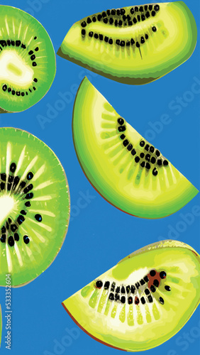 Set of fresh kiwi fruit whole, half and cut slice illustration