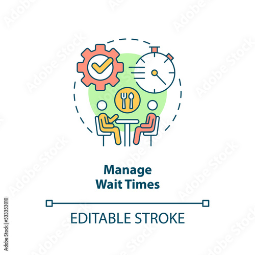 Manage wait times concept icon. Restaurant customer service abstract idea thin line illustration. Keeping visitors happy. Isolated outline drawing. Editable stroke. Arial, Myriad Pro-Bold fonts used