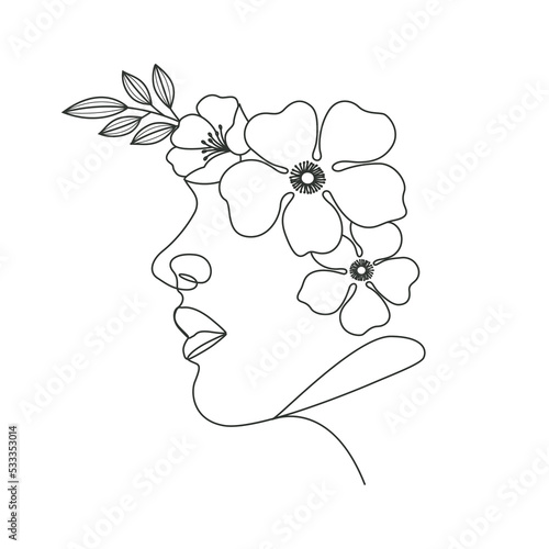 Woman head with flowers linear drawing illustration