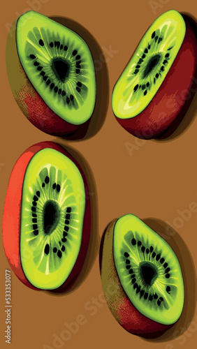 Set of fresh kiwi fruit whole, half and cut slice illustration