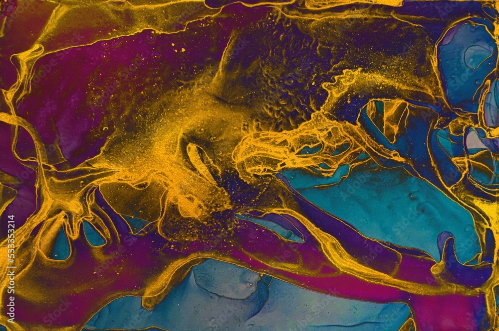 Glden dust and foil filled dark areas on Alcohol ink fluid abstract texture fluid art with gold glitter and liquid.