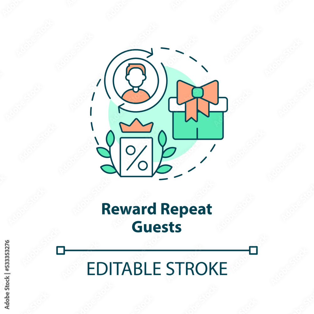 Reward repeat guests concept icon. Elevating guest satisfaction abstract idea thin line illustration. Increase loyalty. Isolated outline drawing. Editable stroke. Arial, Myriad Pro-Bold fonts used Reward repeat guests concept icon. Elevating guest satisfaction abstract idea thin line illustration. Increase loyalty. Isolated outline drawing. Editable stroke. Arial, Myriad Pro-Bold fonts used